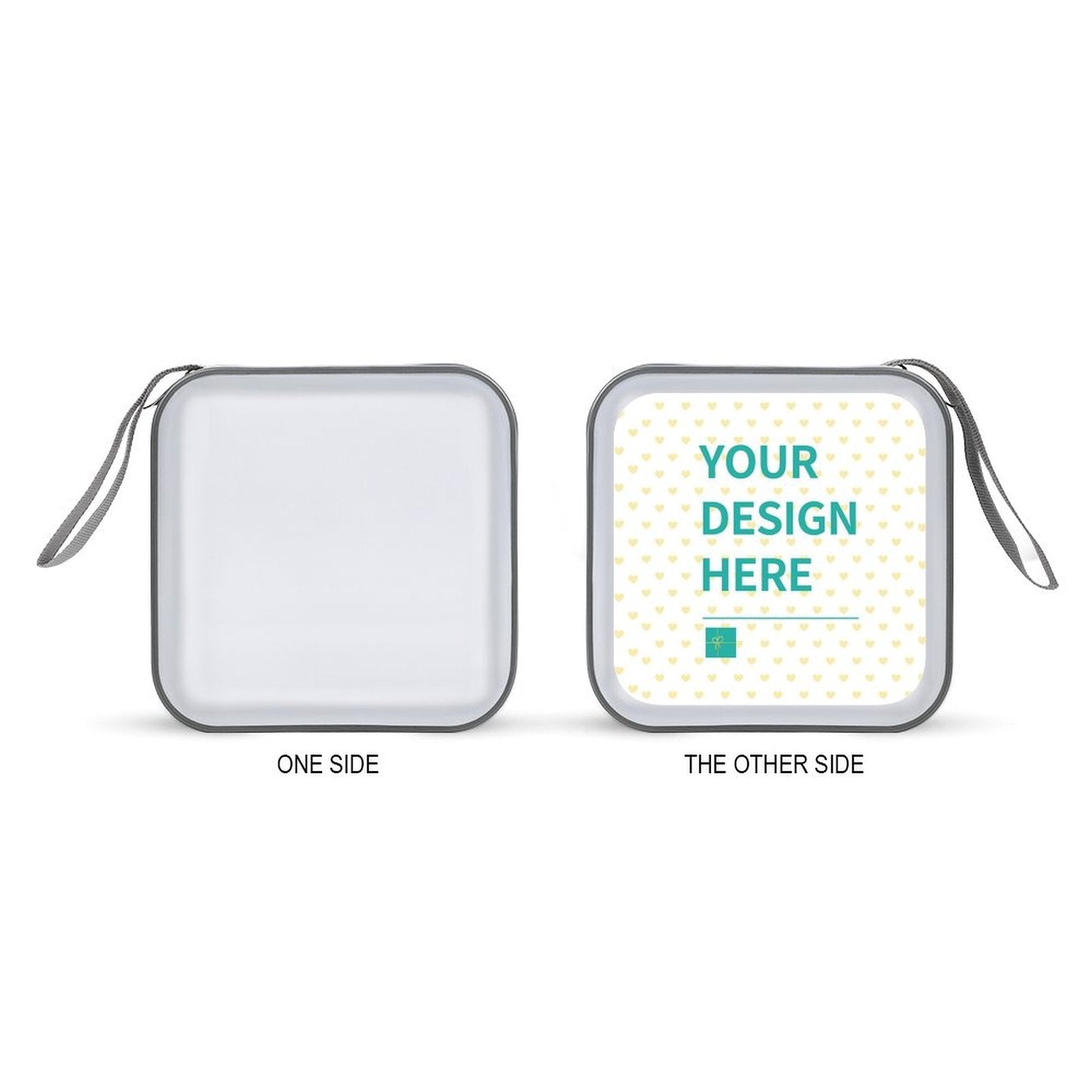 Customizable CD/DVD holder with 'YOUR DESIGN HERE' design. Portable plastic wallet organizer for home, car, or office use.