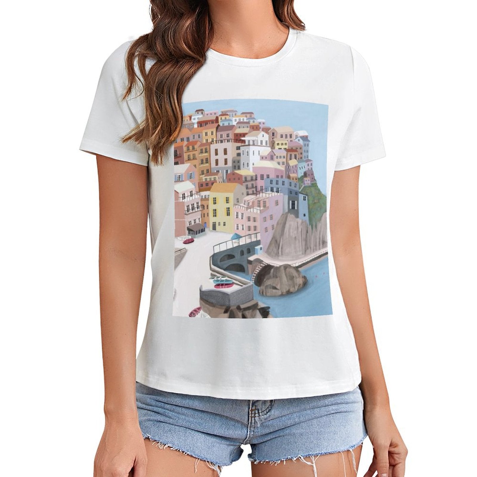 Women's white short sleeve t-shirt with colorful town graphic print, perfect for casual wear from MyArtsyGift.