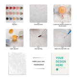 Custom Paint by Numbers Kit Guide: Pigment, drawing board, painting, and finished canvas with "YOUR DESIGN HERE".