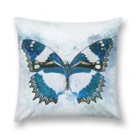 Blue and white butterfly watercolor pillow cover. Soft plush material for sofa, couch, and living room.