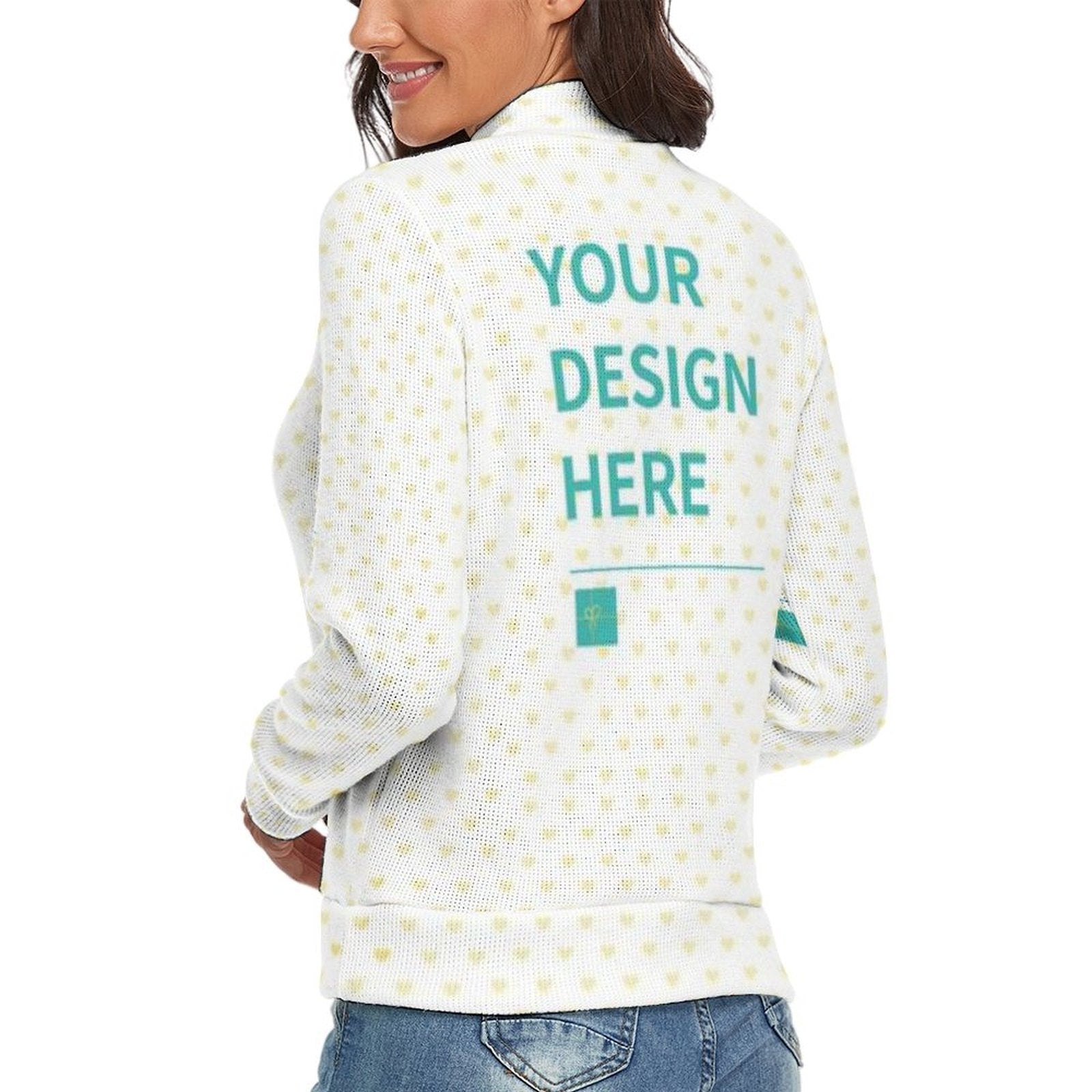 Customizable winter turtleneck sweater for women with "YOUR DESIGN HERE" text, offering a personalized gift option.