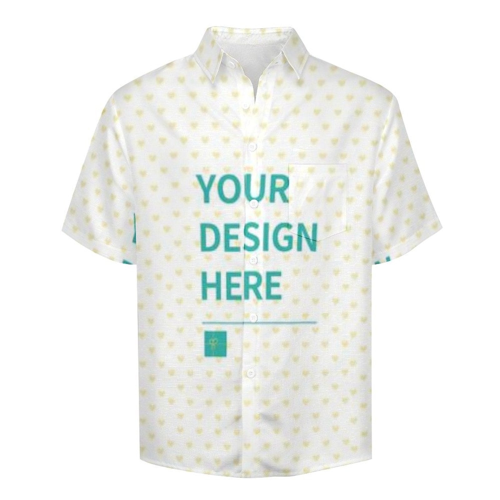 Customizable men's short sleeve shirt with heart pattern, "YOUR DESIGN HERE" text, custom casual button downs