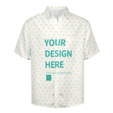 Customizable men's short sleeve shirt with heart pattern, "YOUR DESIGN HERE" text, custom casual button downs