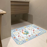 Rooster design floor mat in bathroom, for indoor or outdoor use. Decorative rubber floor mat, floral pattern