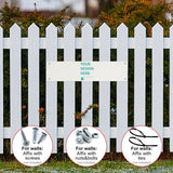 Personalized metal sign on a picket fence, custom outdoor decor with 'YOUR DESIGN HERE' for office or home.