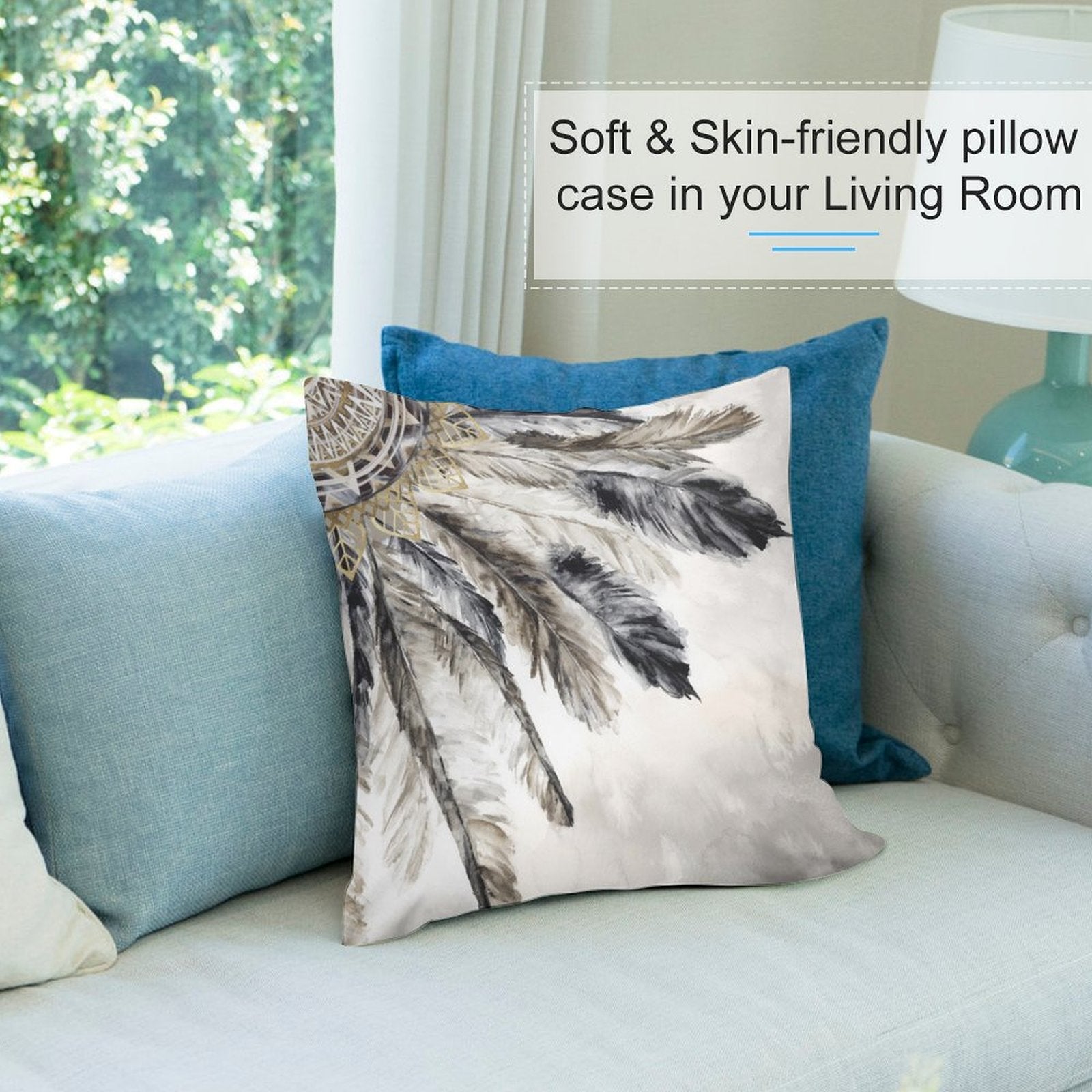 Plush pillow cover with watercolor feather design, soft and skin-friendly for living room decor.
