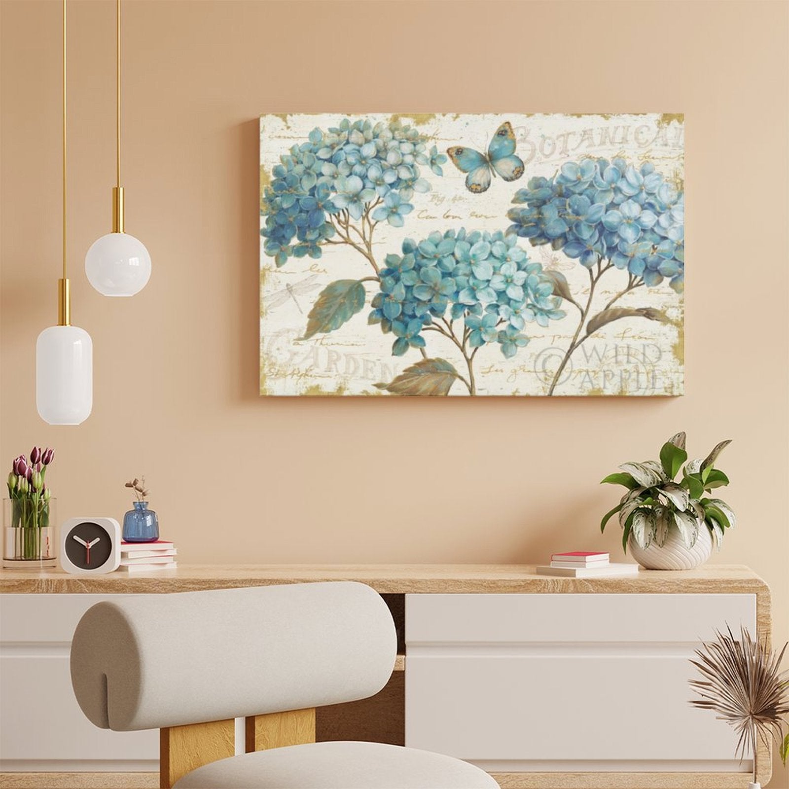 Blue hydrangea canvas print, botanical butterfly wall art, canvas for family. Includes text 'Botanical Garden'. Made in USA.