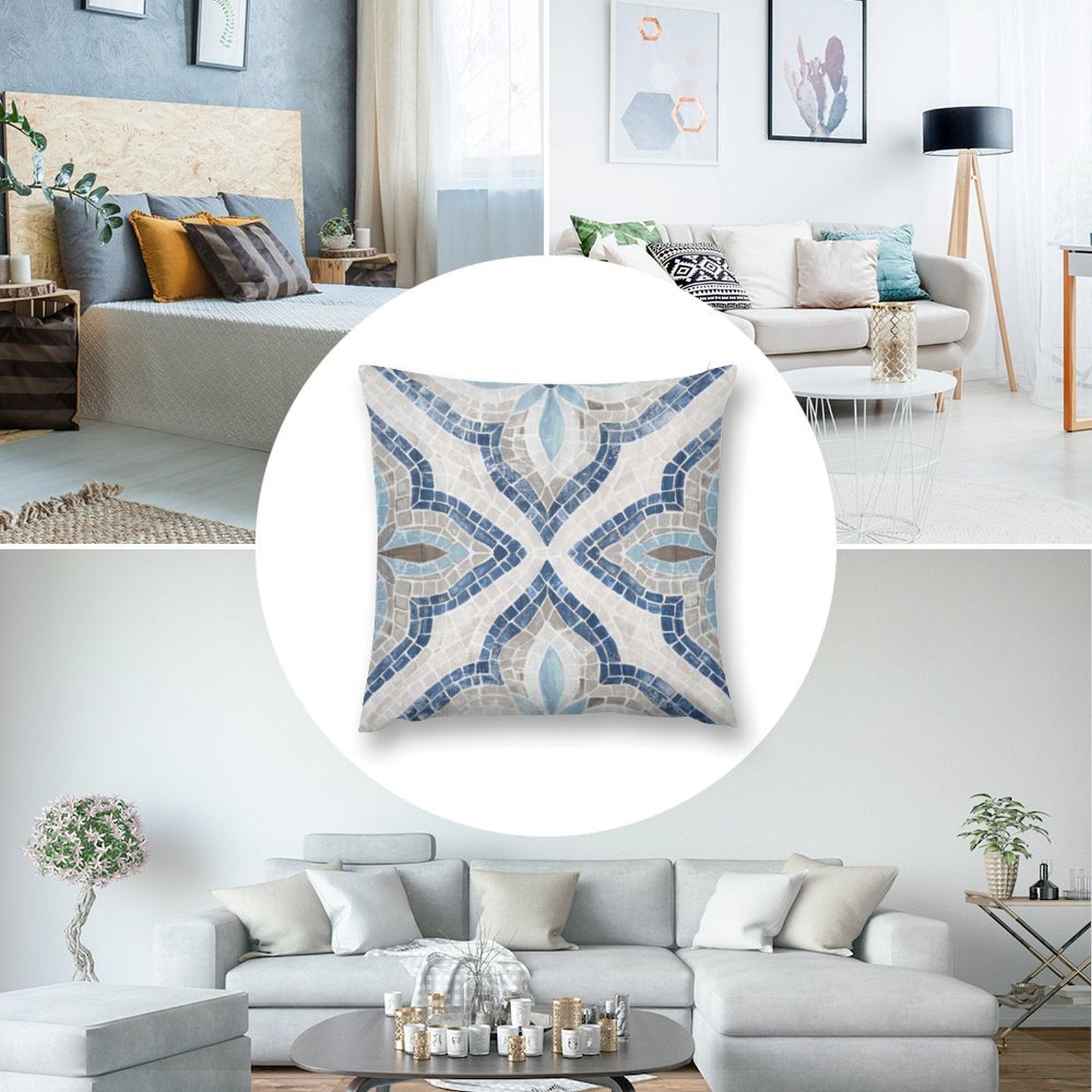 Blue and grey mosaic plush throw pillow cover for sofa or couch. Decorative, soft and comfortable.