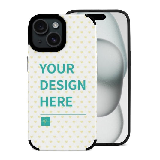Custom iPhone 15 Series phone case, with "YOUR DESIGN HERE" text, fiber leather cover