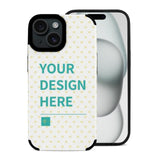 Custom iPhone 15 Series phone case, with "YOUR DESIGN HERE" text, fiber leather cover
