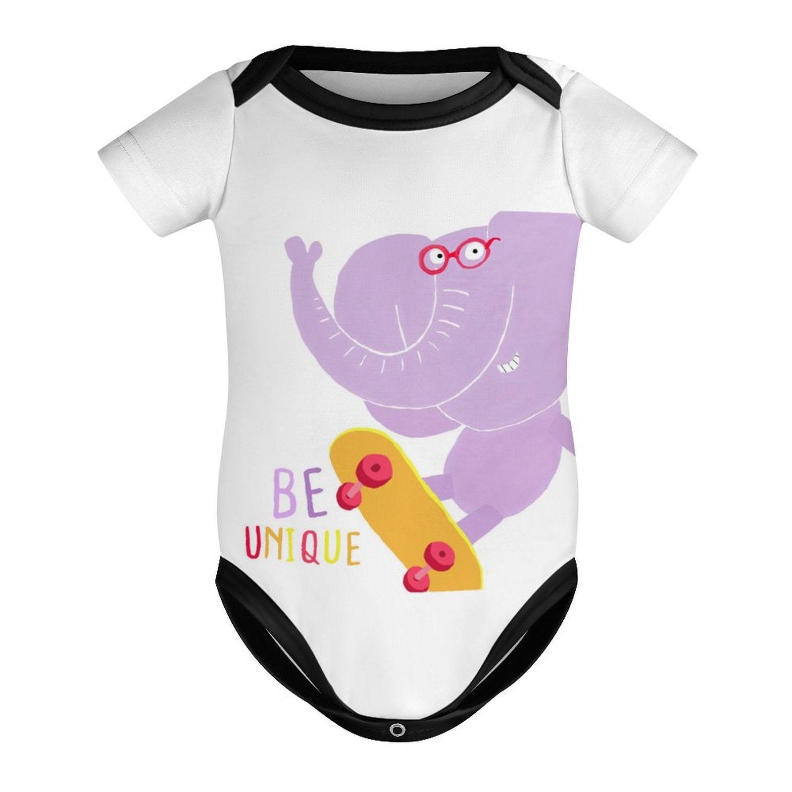 Infant bodysuit with skateboarding purple elephant design, featuring 'BE UNIQUE'. Comfortable and unique baby clothing.