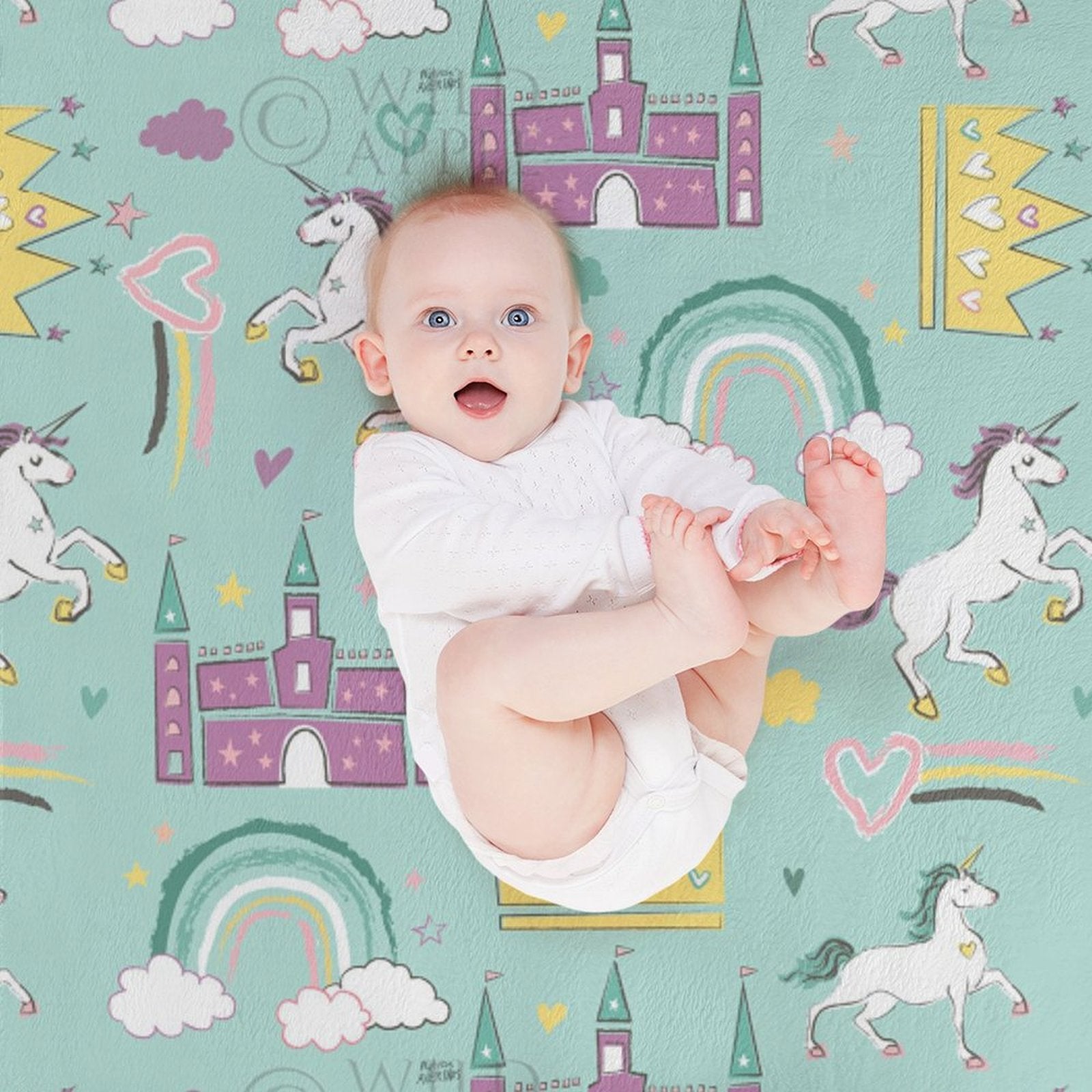 Baby on a fleece blanket with unicorns and rainbows. Soft and cozy design for bed, sofa, couch, or travel.