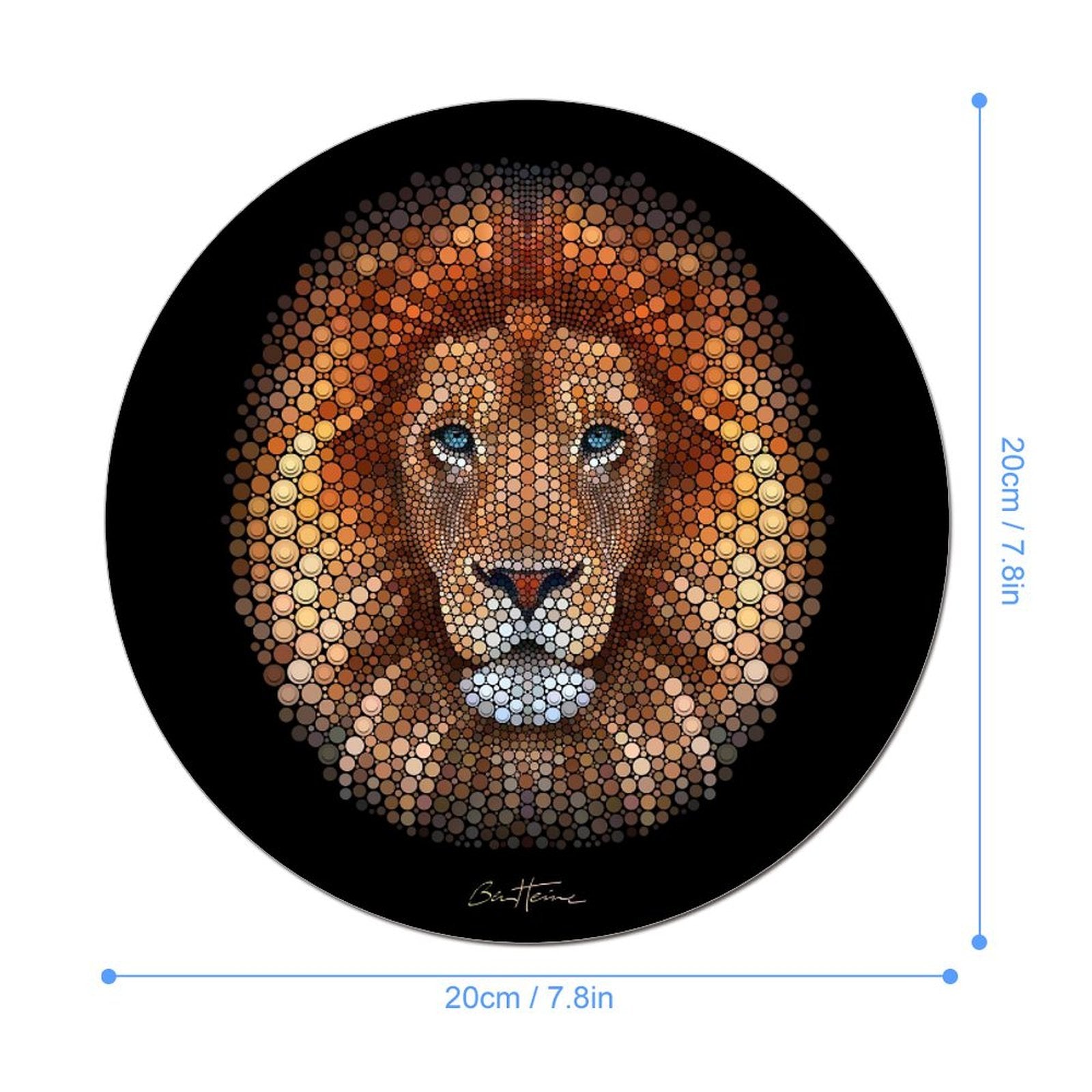 Round mousepad with mosaic lion art, non-slip base, 20cm, office and home use.