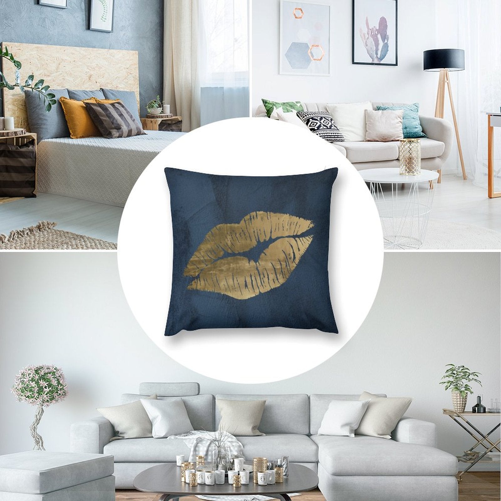 Navy blue plush pillow cover with gold lips design for sofa, living room decor. Soft, fluffy throw pillow.