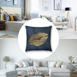 Navy blue plush pillow cover with gold lips design for sofa, living room decor. Soft, fluffy throw pillow.