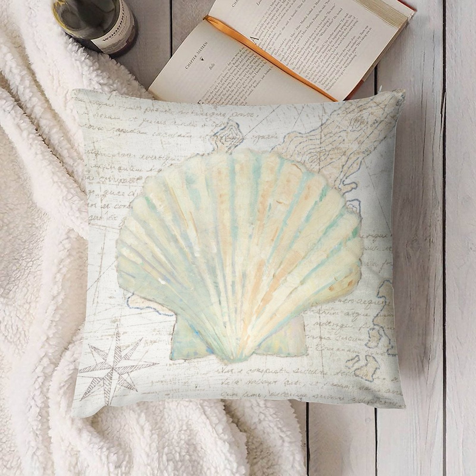 Seashell design plush throw pillow cover for sofa, couch, living room. Decorative pillow with map details, soft and fluffy.