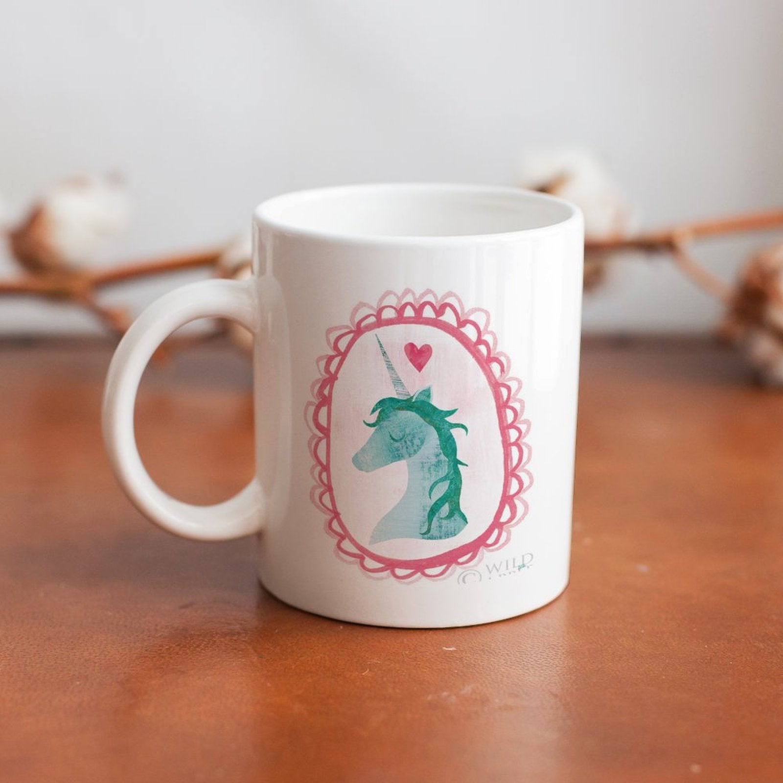 White ceramic Unicorn Magic II mug with border design; customizable gift for home or office, by MyArtsyGift
