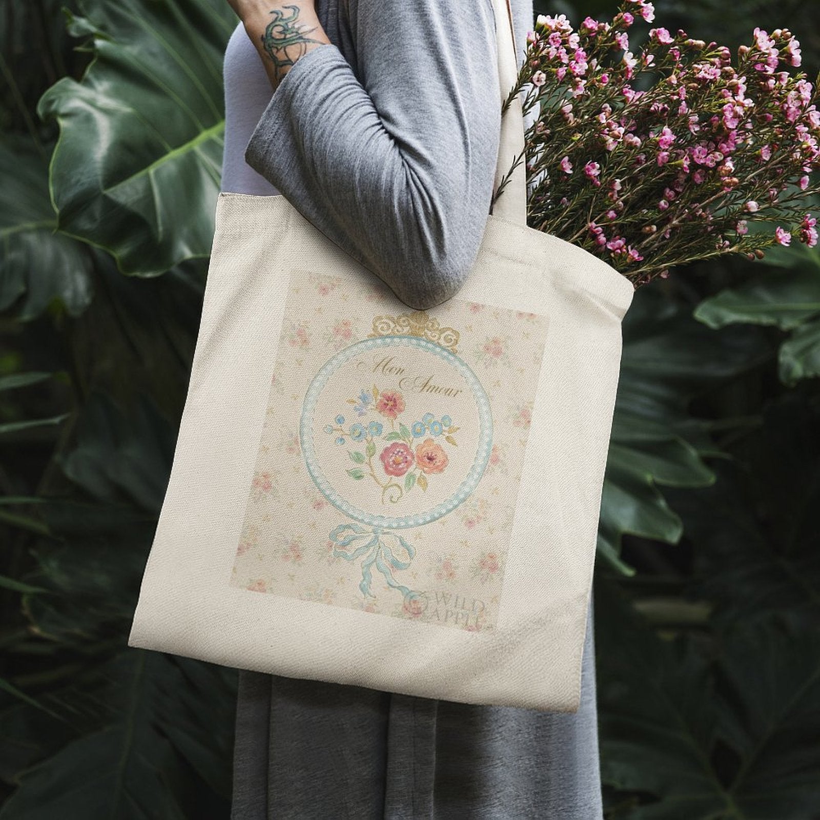 Personalized canvas tote bag for women with floral 'Mon Amour' design and cotton, perfect for shopping.