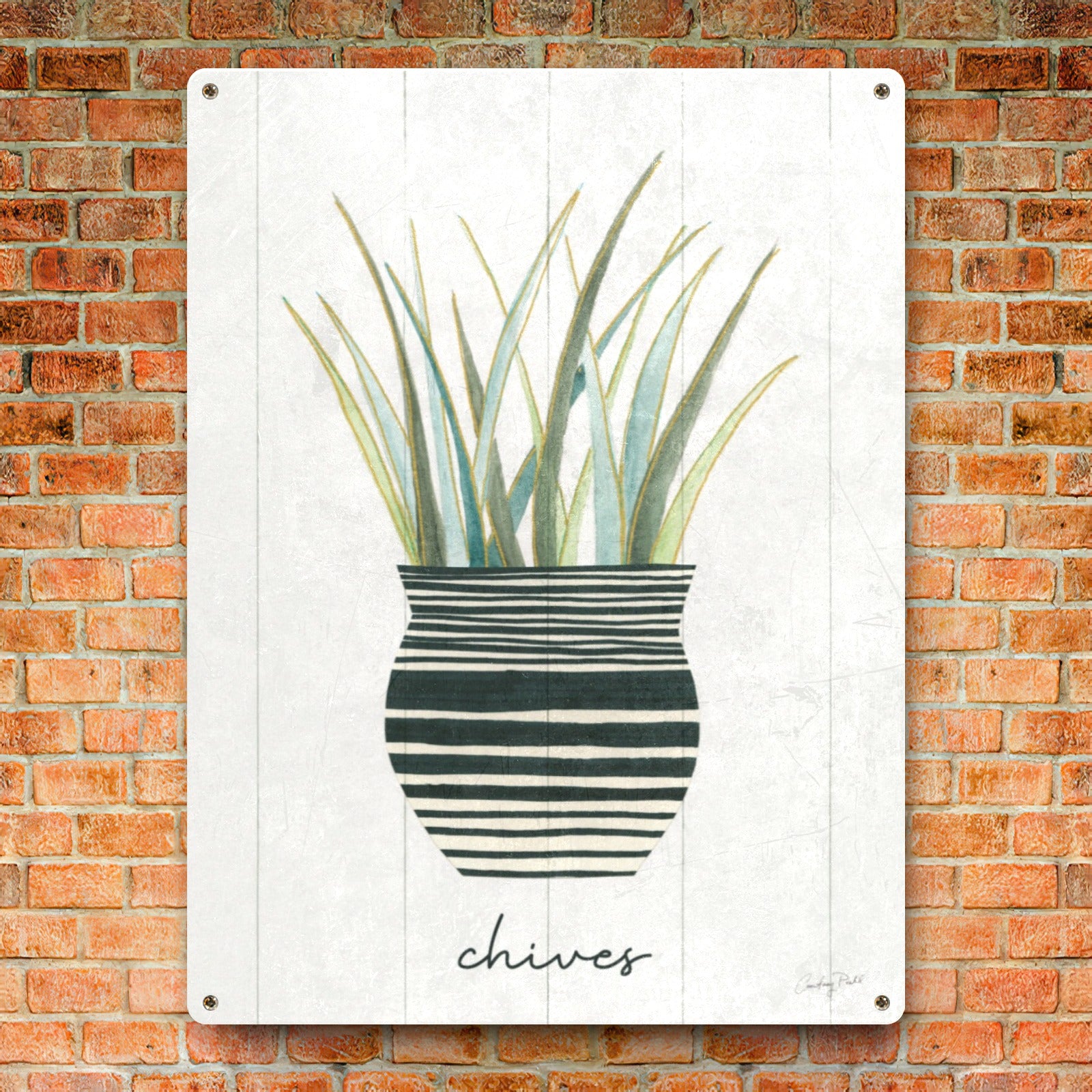 Herb Garden VI Metal Sign with chives illustration on white panel and brick background. Made in USA.