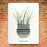 Herb Garden VI Metal Sign with chives illustration on white panel and brick background. Made in USA.