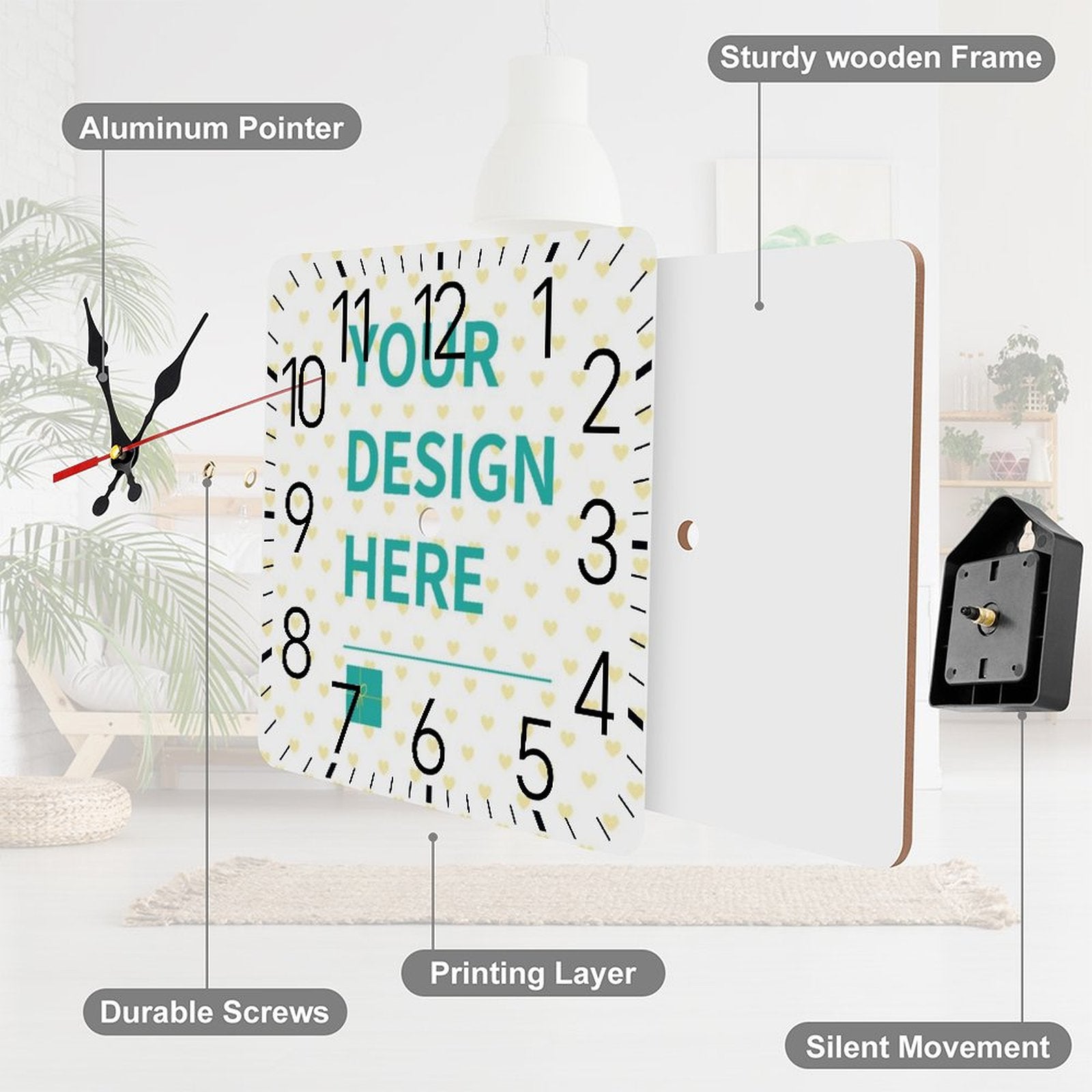 Customizable square wooden wall clock with YOUR DESIGN HERE design; MyArtsyGift home decor, silent movement