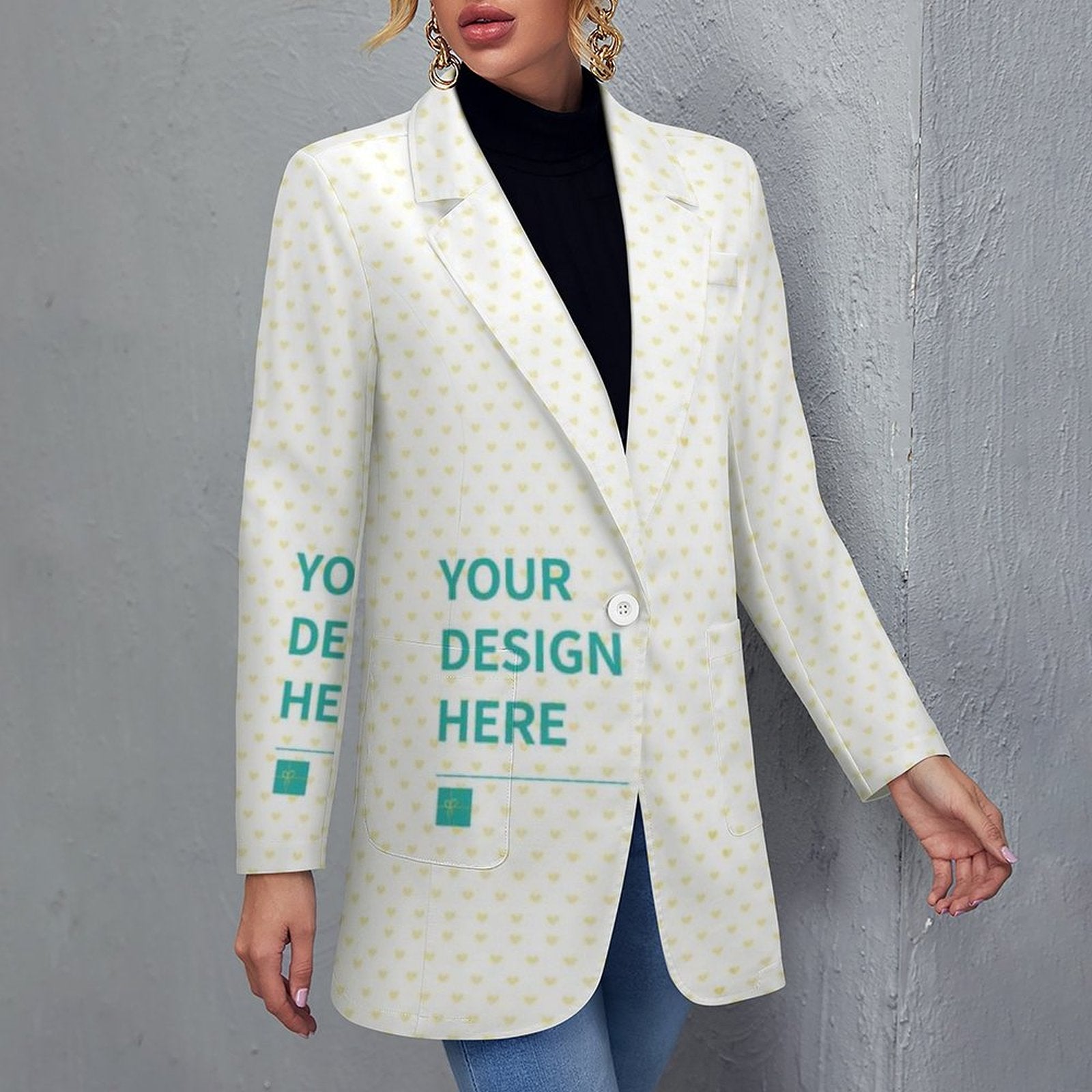 Customizable women's casual blazer with heart pattern; personalized design available at MyArtsyGift