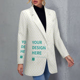 Customizable women's casual blazer with heart pattern; personalized design available at MyArtsyGift
