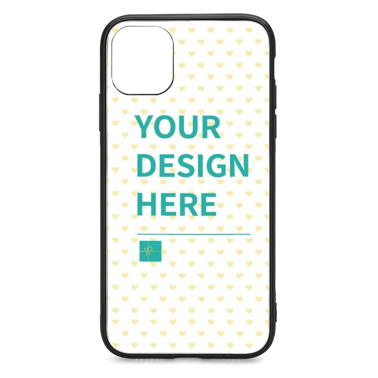 Personalized iPhone 11 Pro case with 'YOUR DESIGN HERE' and heart pattern. Anti-scratch, custom design phone case.
