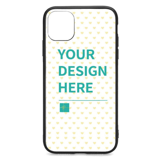 Personalized iPhone 11 Pro case with 'YOUR DESIGN HERE' and heart pattern. Anti-scratch, custom design phone case.
