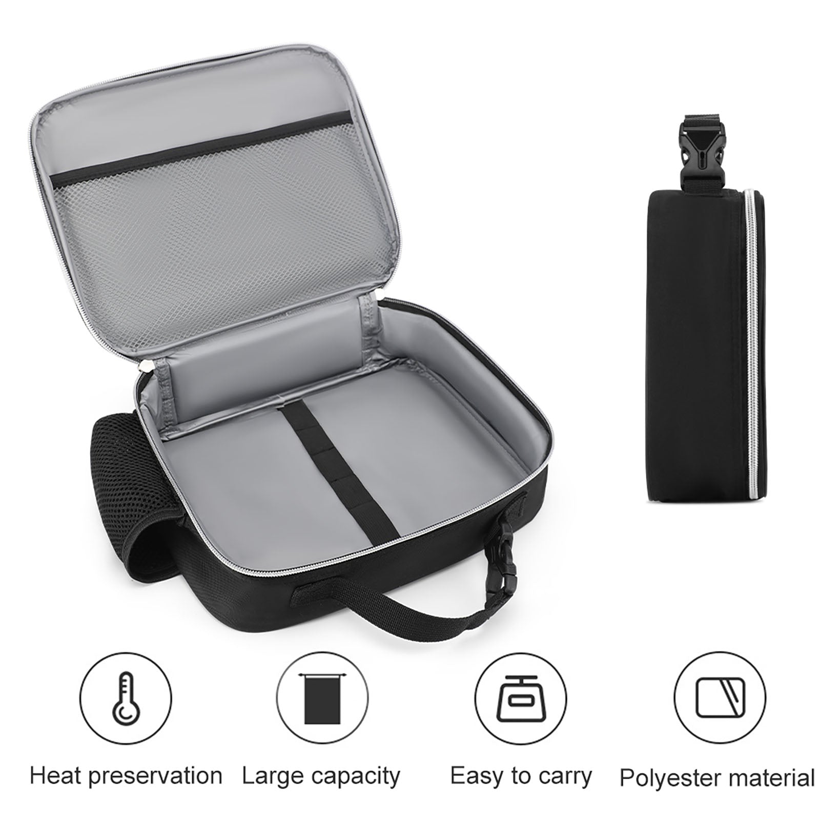 Black polyester lunch bag, featuring heat preservation, large capacity, and easy to carry, ideal for office work and picnics