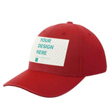 Red customizable baseball cap with YOUR DESIGN HERE text, perfect for men and women