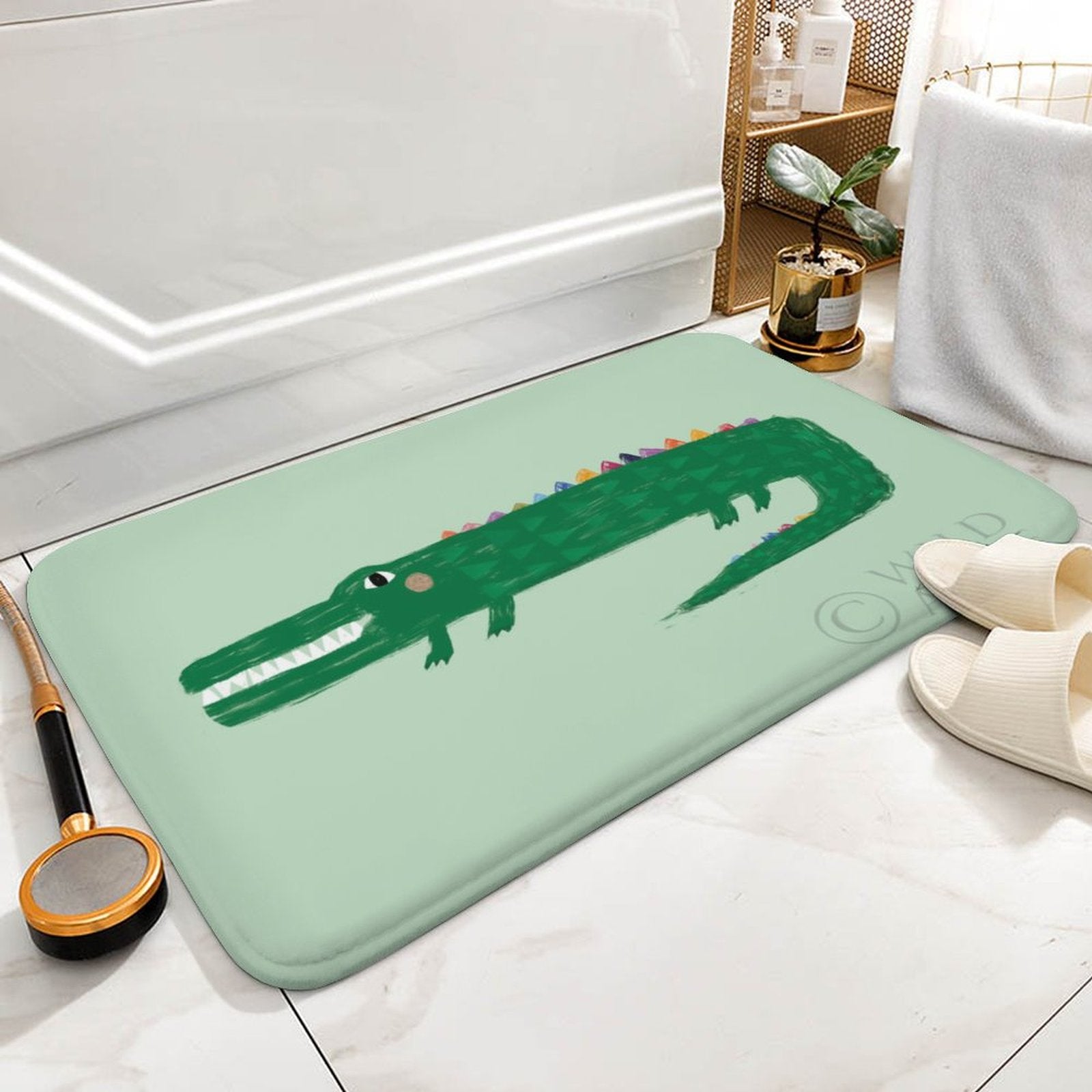 Coral velvet bath rug with green alligator design, non-slip bathroom floor mat