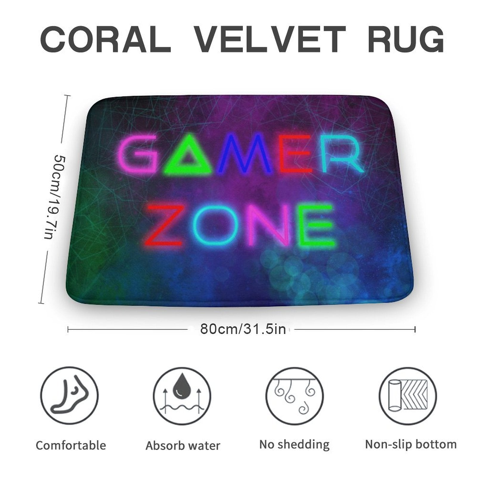 Coral velvet gamer rug with non-slip backing, bathroom floor carpet