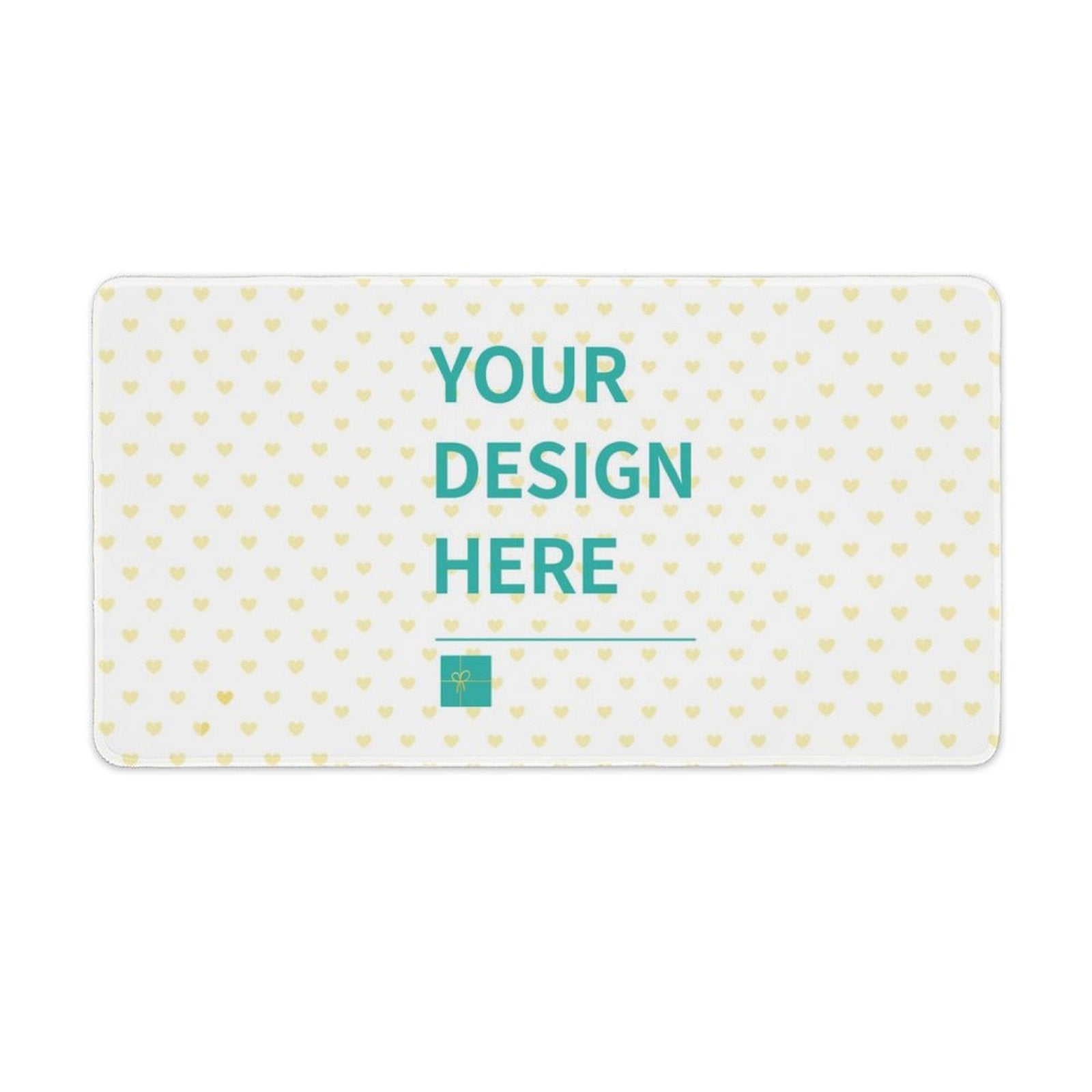 Customizable desk mat, perfect for office and home. Features "YOUR DESIGN HERE" text and heart pattern.