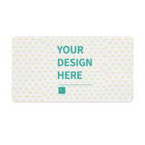 Customizable desk mat, perfect for office and home. Features "YOUR DESIGN HERE" text and heart pattern.