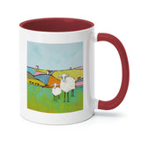 White ceramic mug with sheep artwork, burgundy interior and handle, perfect gift for home or office