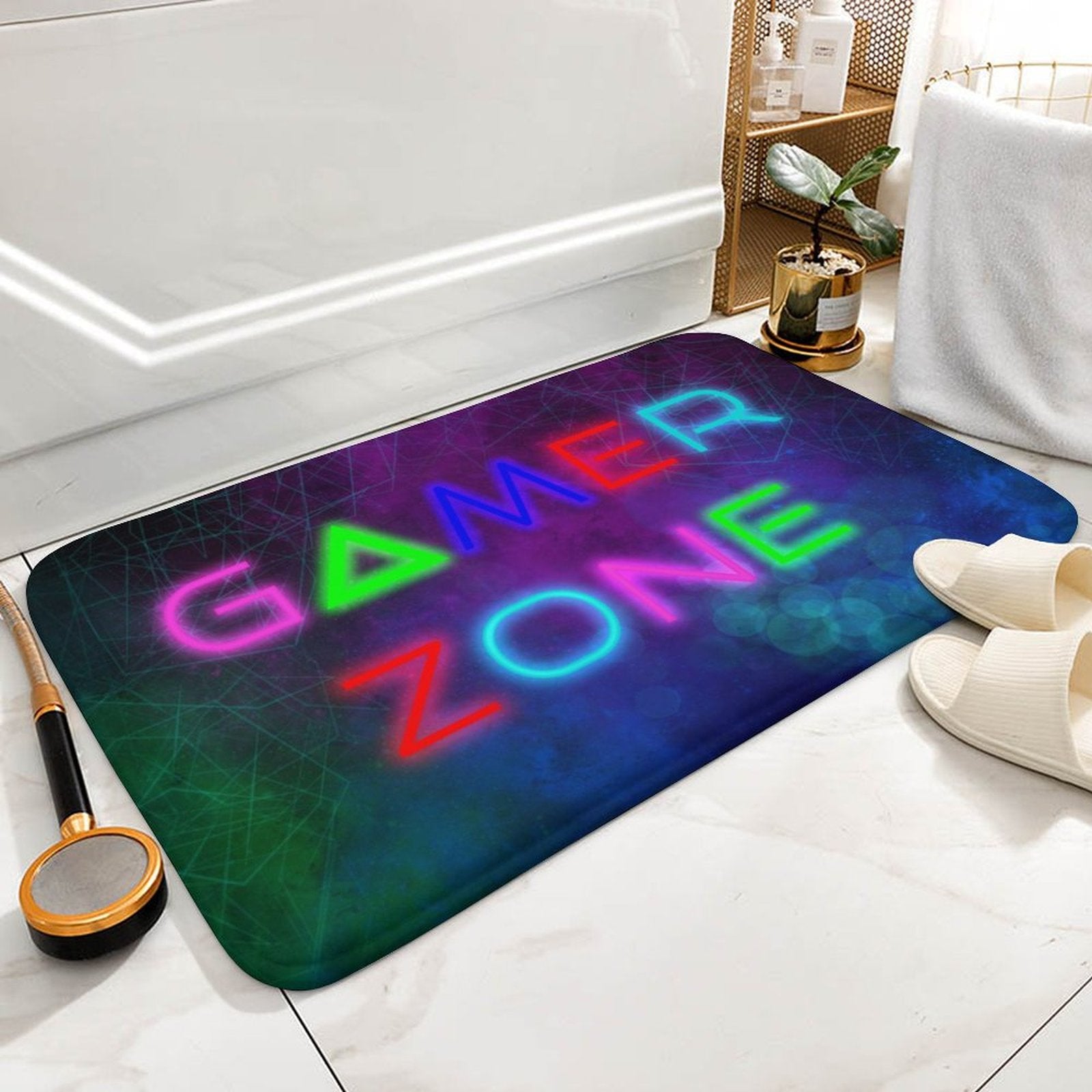 GAMER ZONE bath rug, non-slip, quick-drying bathroom rug, perfect for gaming enthusiasts.