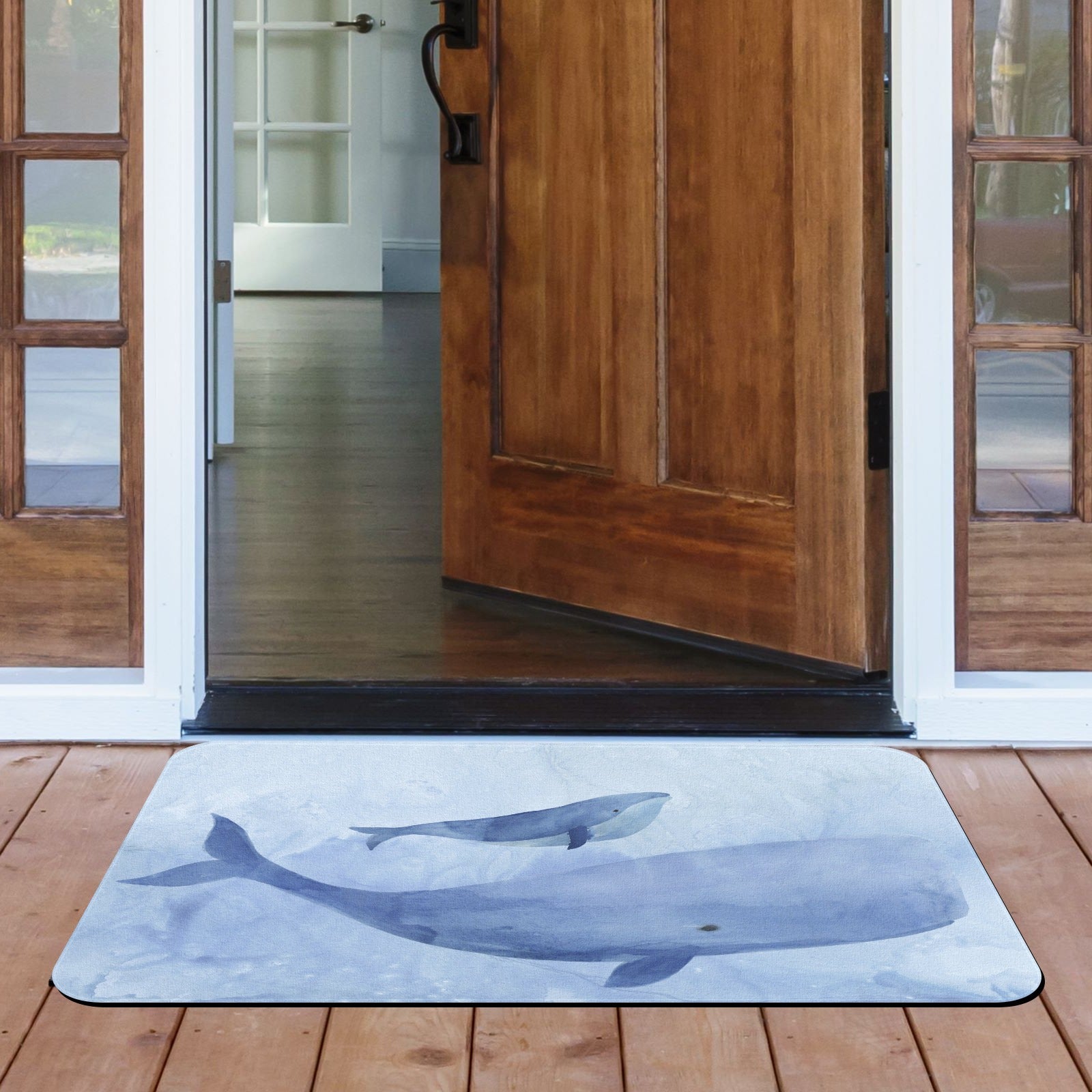Blue Whale Entrance Doormat, Rubber Floor Mat for Indoor/Outdoor Use, Watercolor Whale Design