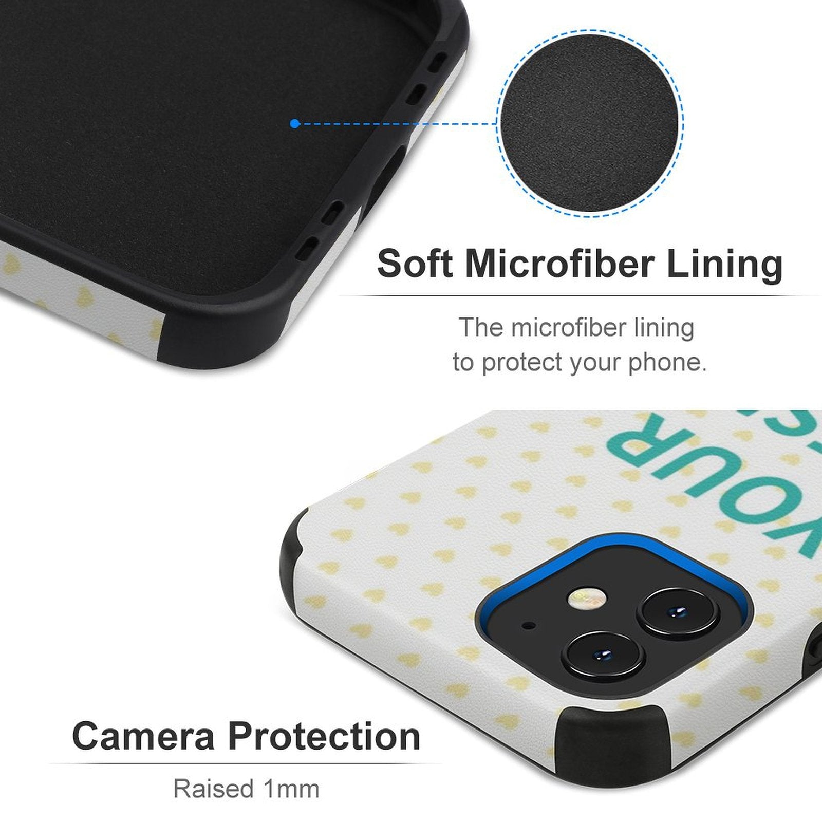 Custom iPhone 12 series case with soft microfiber lining, camera protection and heart pattern, perfect personalized gift