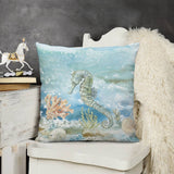 Seahorse plush pillow cover for sofa or couch. Soft, fluffy, and decorative short plush pillow with aquatic design.