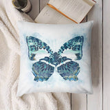 Blue butterfly decorative pillow cover, soft plush material for sofa and living room, watercolor art design.