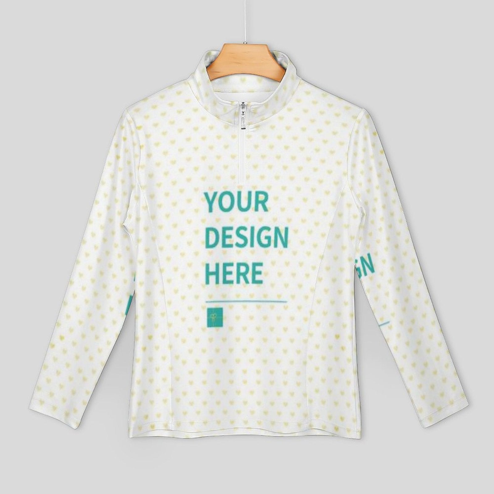 Customizable white Lycra yoga shirt for women, half-zip workout top with heart pattern and "YOUR DESIGN HERE" text.