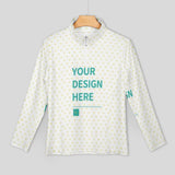 Customizable white Lycra yoga shirt for women, half-zip workout top with heart pattern and "YOUR DESIGN HERE" text.