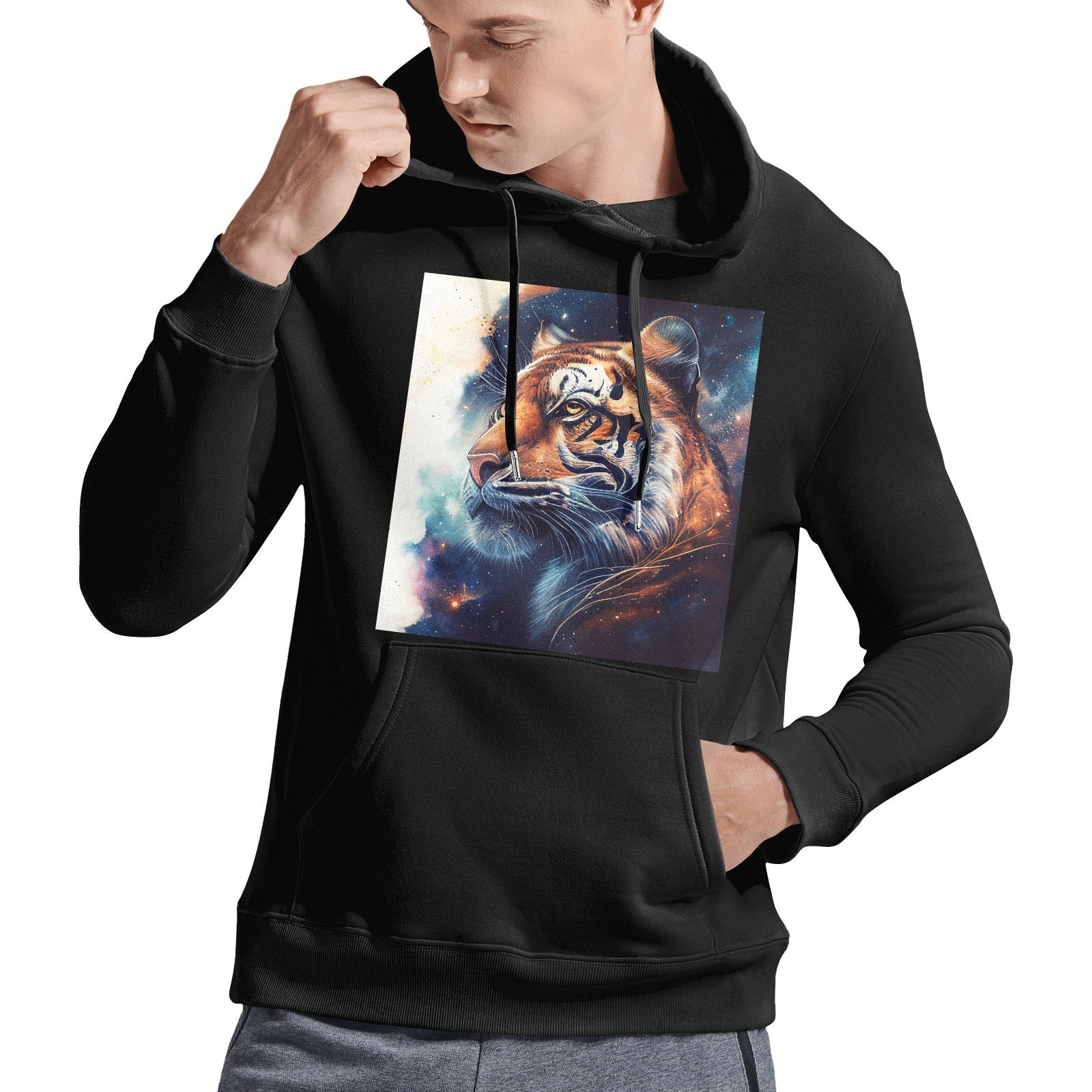 Majestic Tiger - Astro Cruise - Ben Heine Gildan Men's Hooded Sweatshirt. Black cotton hoodie with a vibrant tiger design.