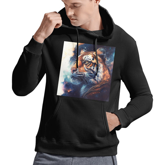 Majestic Tiger - Astro Cruise - Ben Heine Gildan Men's Hooded Sweatshirt. Black cotton hoodie with a vibrant tiger design.