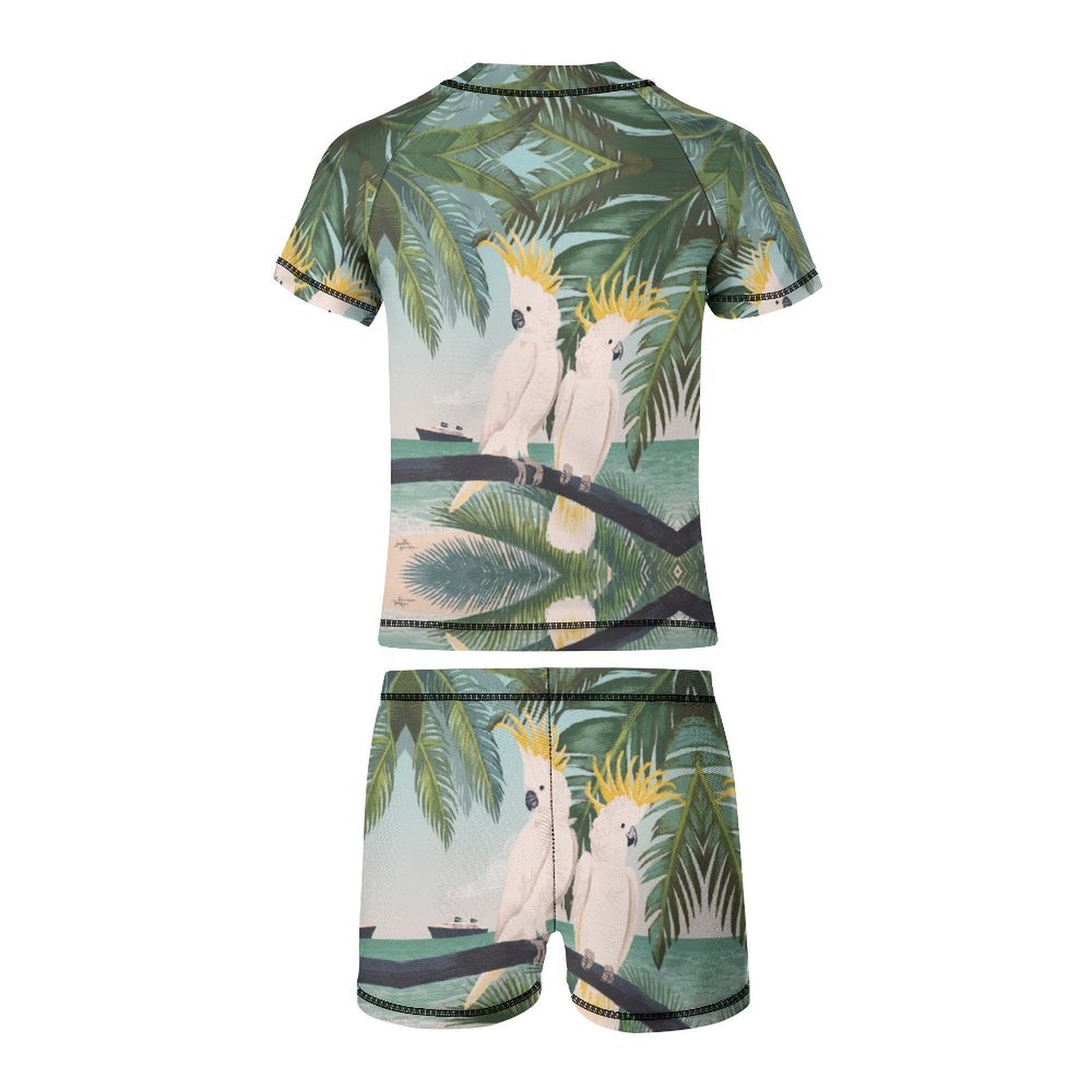 Boys' rash guard set: Parrot design short sleeve swim shirt & swim trunks. Polyester/spandex, perfect for swimming.