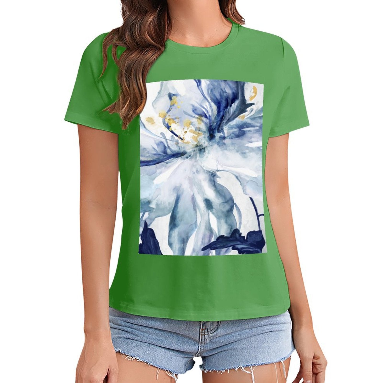 MyArtsyGift women's green t-shirt with watercolor floral print. Short sleeve crewneck, casual wear.