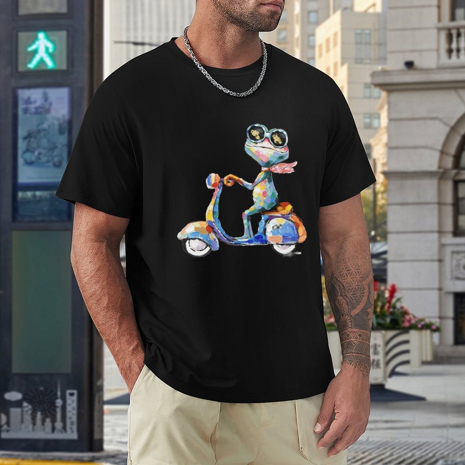 Men's black crew neck t-shirt with frog on scooter graphic. Cotton tee, comfortable and breathable, available in S-6XL.