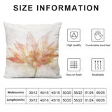 Square throw pillow cover with watercolor lotus floral design, size chart and product quality features.
