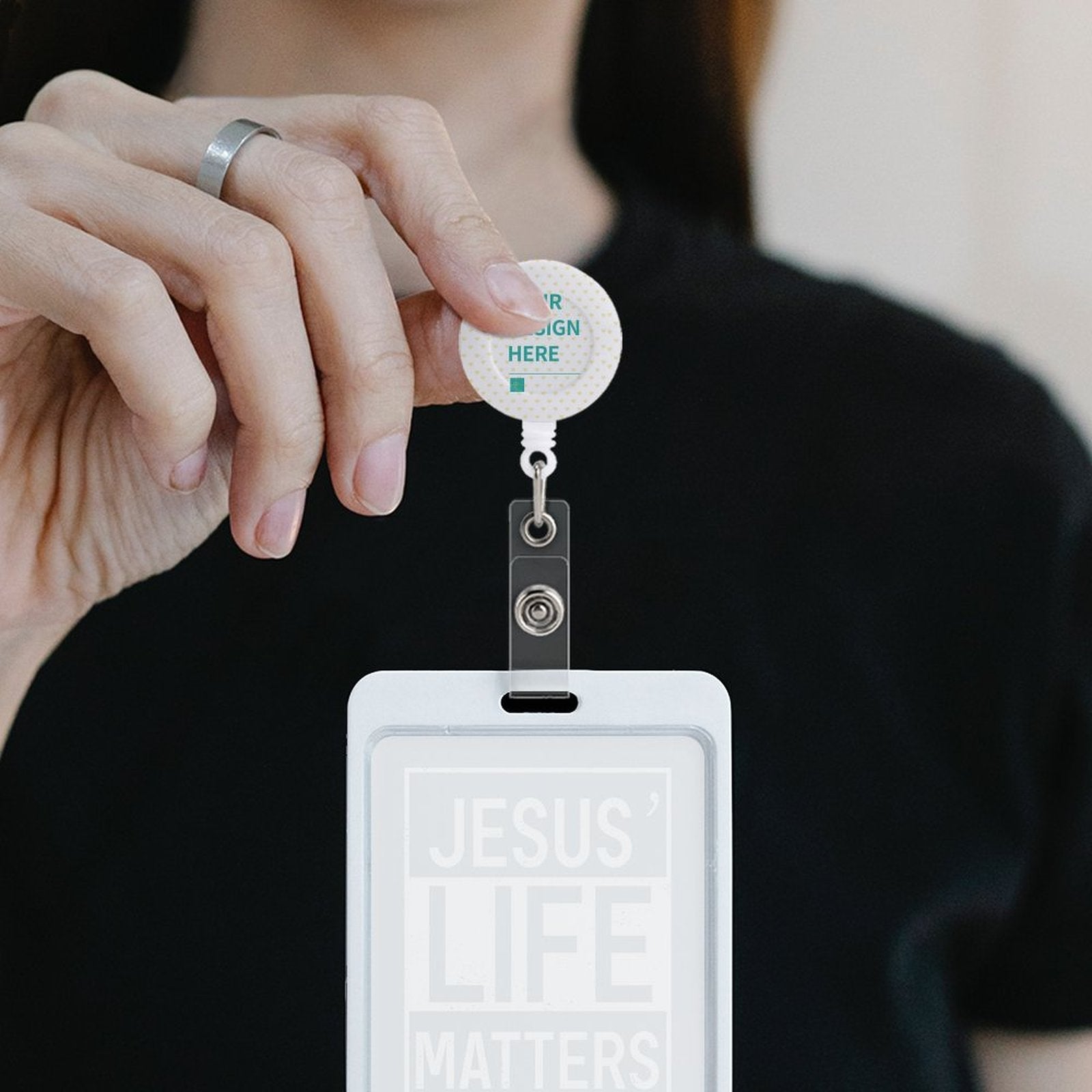 Custom badge reel holder with design, PP material, white holder with 'JESUS LIFE MATTERS' for men and women